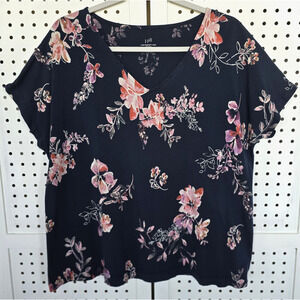 J Jill Luxe Supima V Neck Easy Tee Shirt Top Black Floral Womens SIZE L
